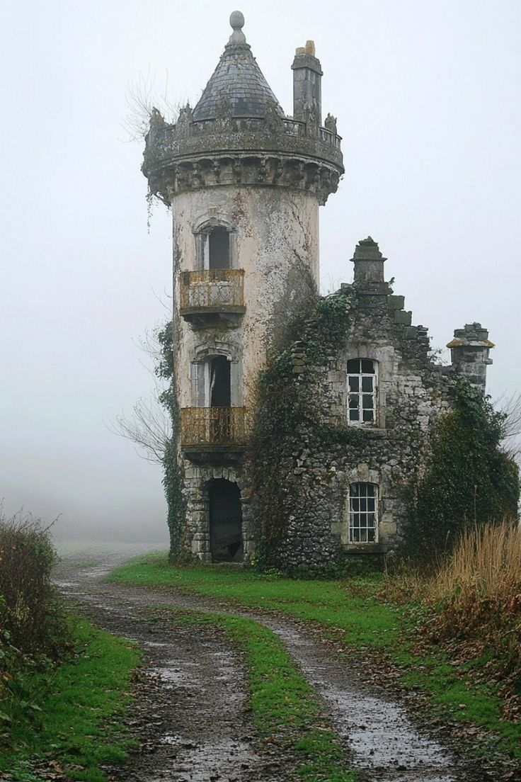 an old building with ivy growing on it's sides and a dirt path leading to the entrance