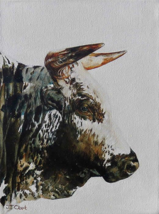 a painting of a cow with horns on it's head