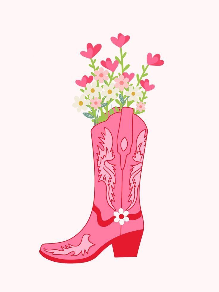 a pink cowboy boot with flowers in it