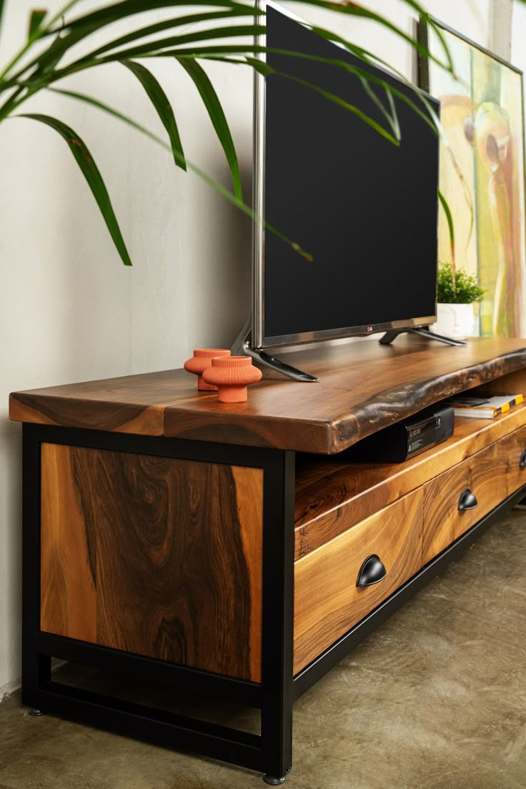 a flat screen tv sitting on top of a wooden dresser next to a plant in a living room