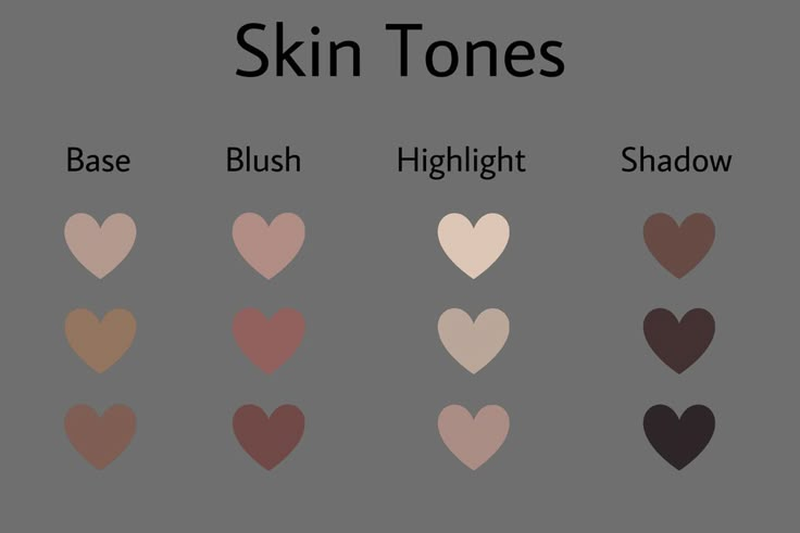 six different shades of skin tones with hearts in the middle and bottom, on grey background