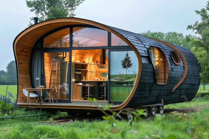 a small house made out of wood and glass in the middle of a grassy field