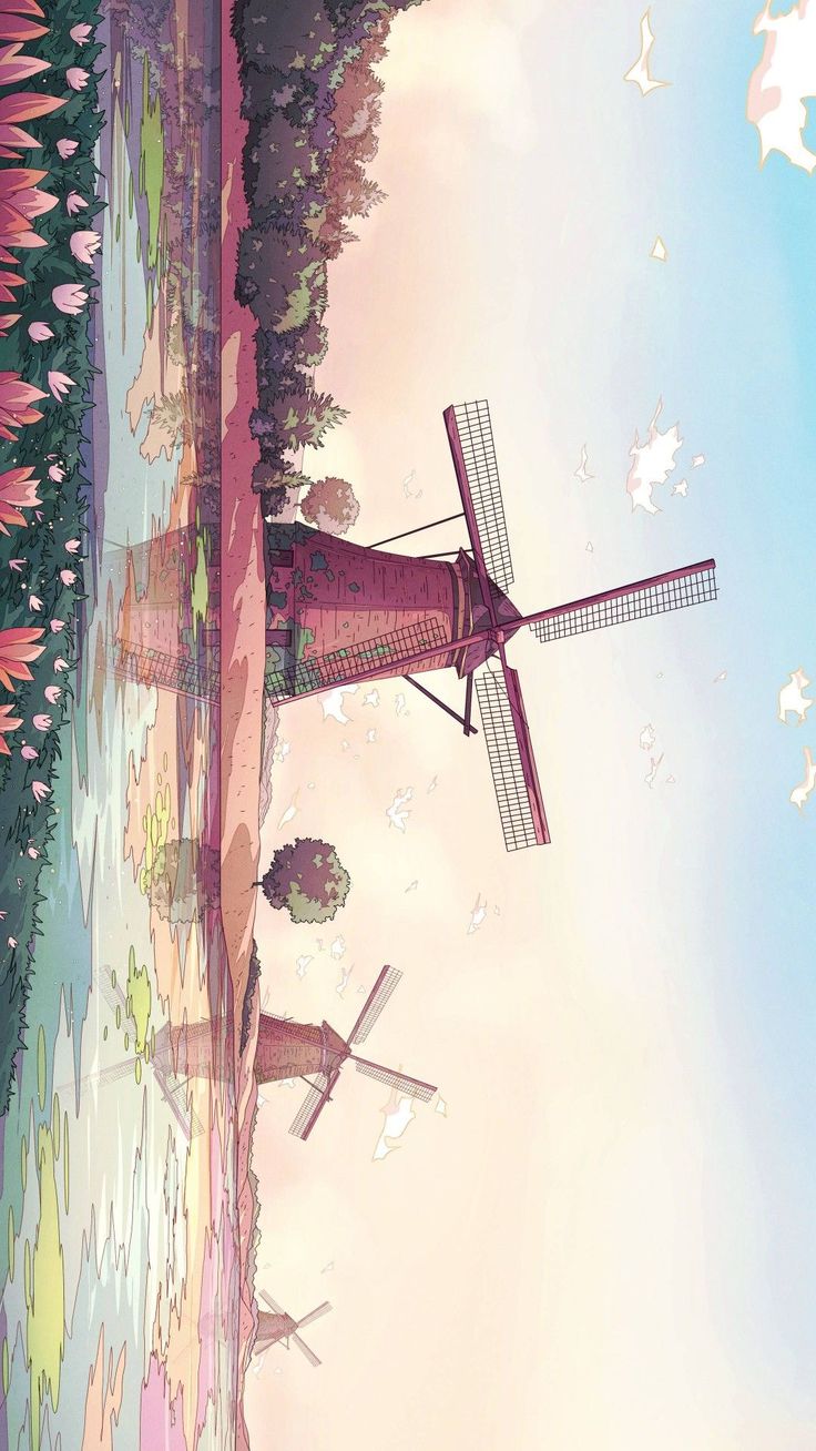 an illustration of a windmill in the middle of a field