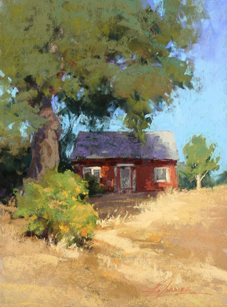 a painting of a red house in the middle of a field with trees and bushes