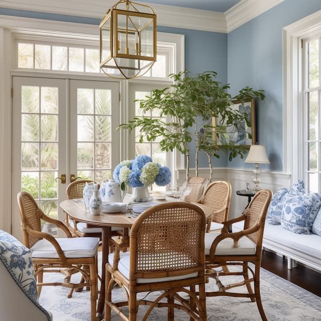 a dining room with blue walls and white furniture in the center table is surrounded by wicker chairs