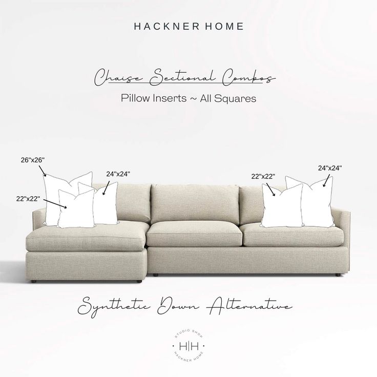 a sectional sofa with pillows and measurements for it