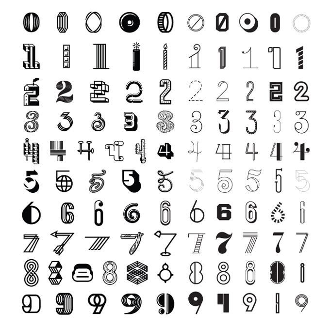 a large set of numbers and symbols in black and white, all with different shapes