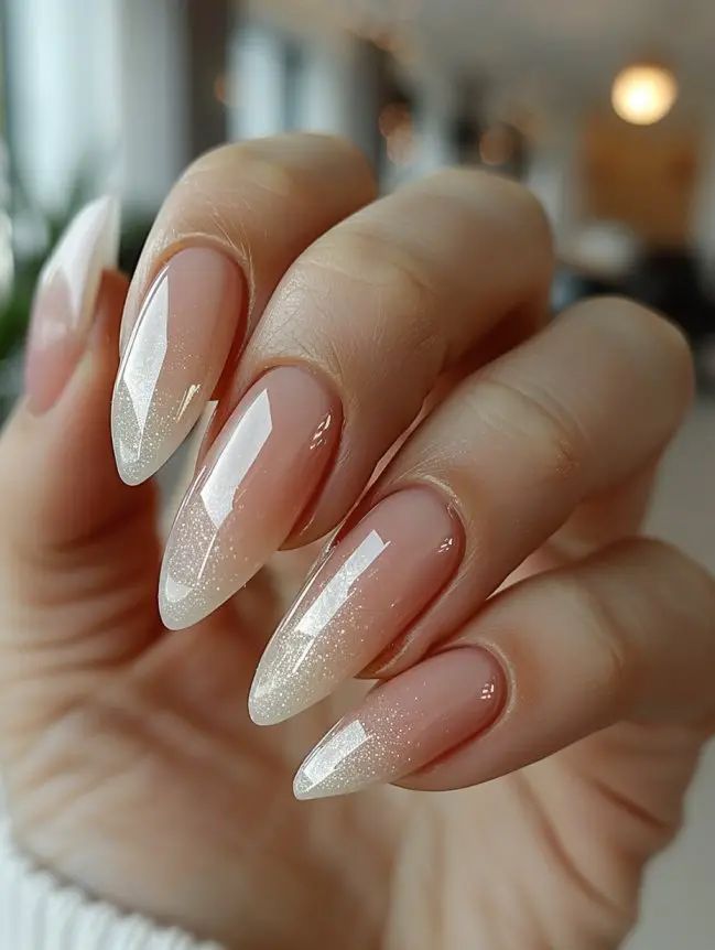 26 Creative Summer Nail Designs For Women Over 50 Bridal Nails Not White, Nude Ombre Chrome Nails, Wedding Nails Dark Skin, Nude And Gold Almond Nails, Bridal Ombre Nails, Bridal Chrome Nails, Clear Nails With Design Simple, Pearl Nails With Design, Wedding Bride Nails Ideas