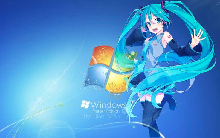 a girl with long blue hair is standing in front of windows xp wallpapers