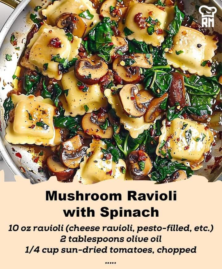 mushroom ravioli with spinach in a skillet on a white plate, labeled mushrooms