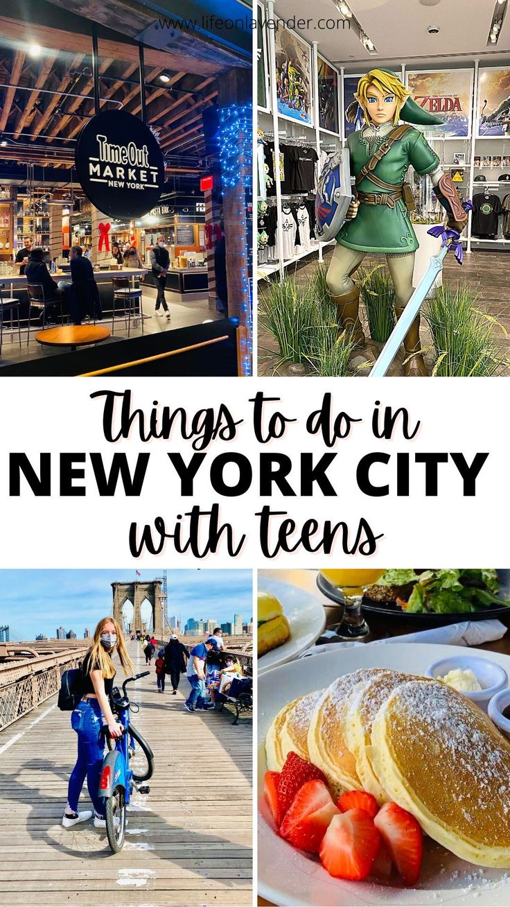 things to do in new york city with teens, including pancakes and other food items