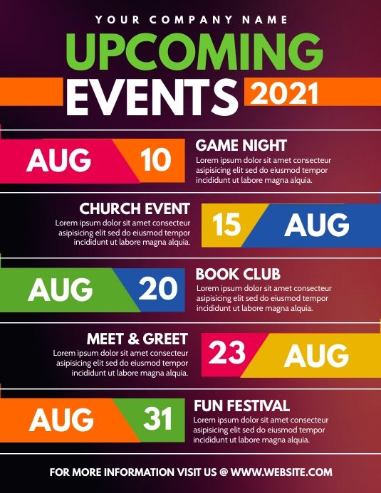 an event poster with colorful stripes and numbers on it, including the dates for upcoming events