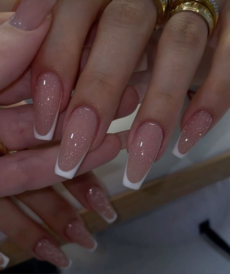 Elegant Summer Nails Almond, Sparkly Nails With French Tip, French Tip Nails With Design Glitter Ombre Art Ideas, Pink French Tip Nails Ballerina, Elegant Sparkly Nails, French Sparkly Nails, Ballerina Summer Nails, Soft Glitter Nails, Ballerina Nails Designs Ideas