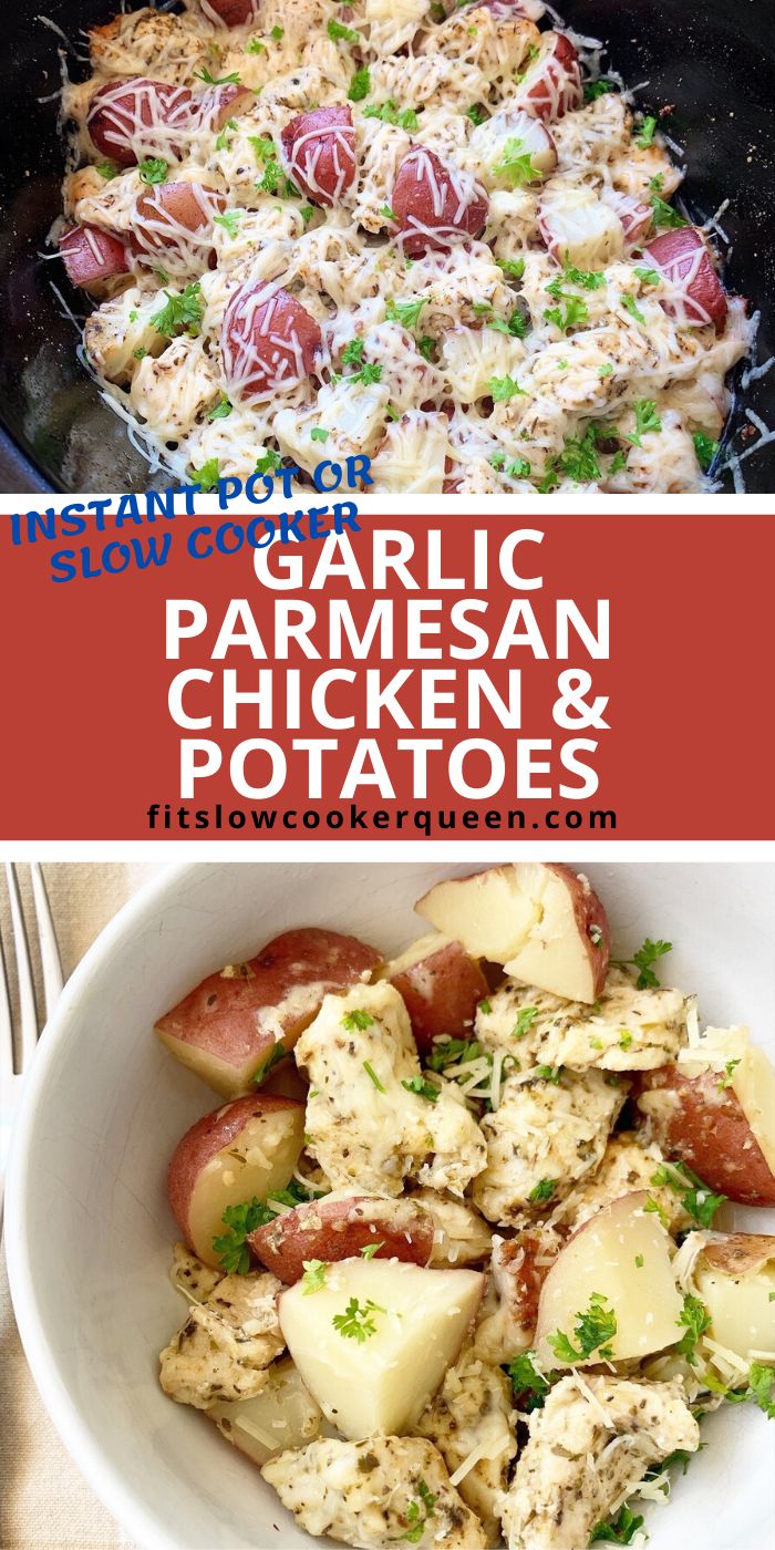 two pictures with different types of food in them and the words garlic parmesan chicken potatoes