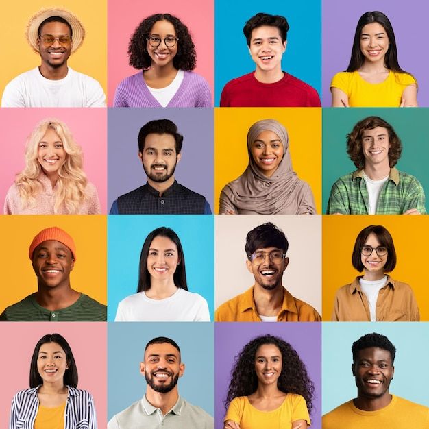 a group of people standing together in front of a multicolored background with different expressions