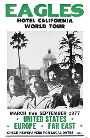 an advertisement for the eagle hotel in california, with people standing around and looking at something