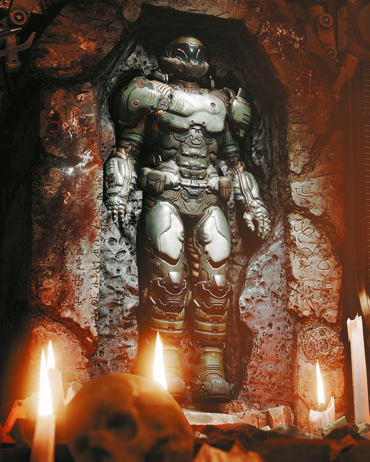 a statue is surrounded by candles in front of a stone wall with an iron man on it