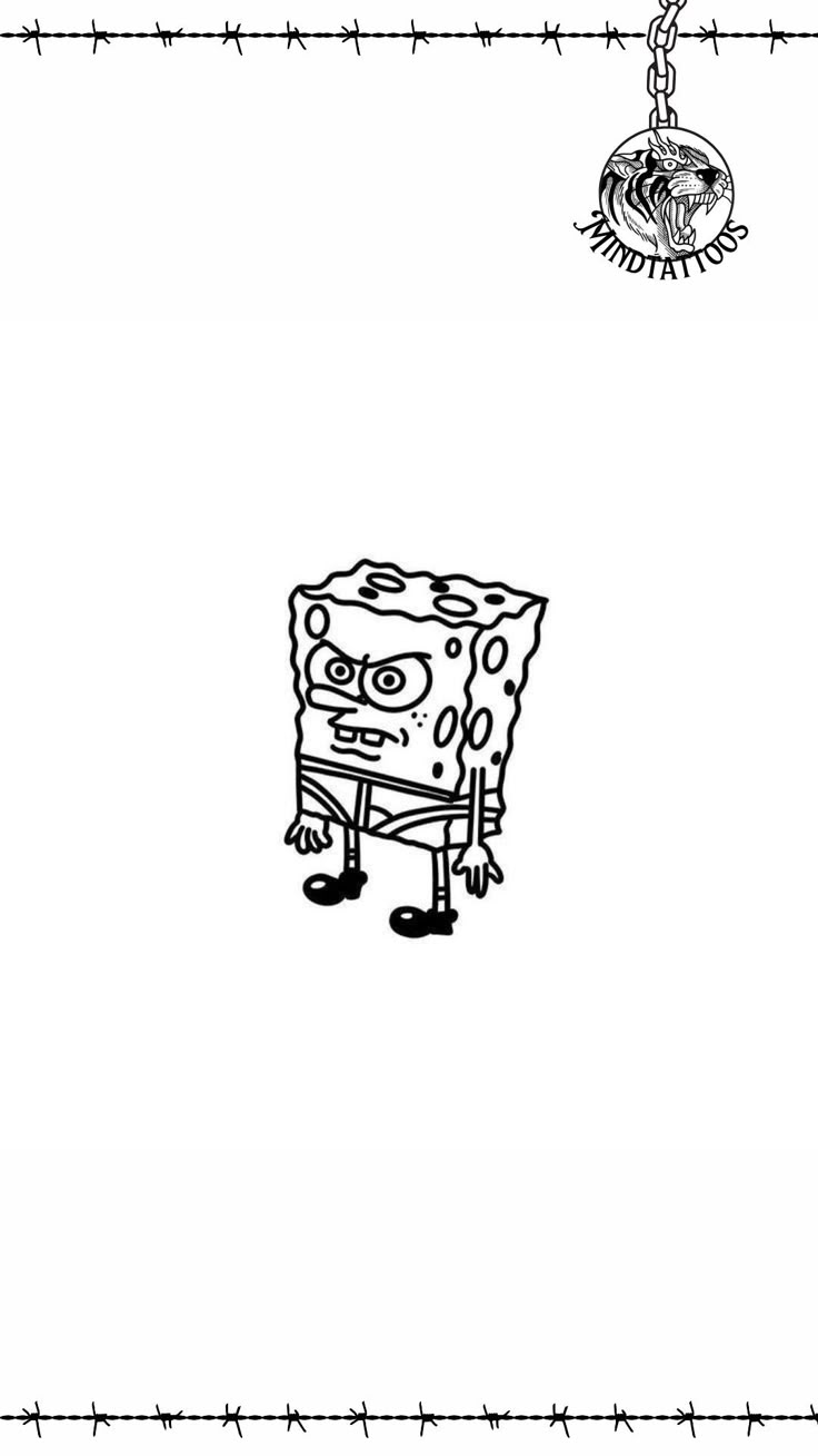 a black and white drawing of a spongebob character on a chain link fence