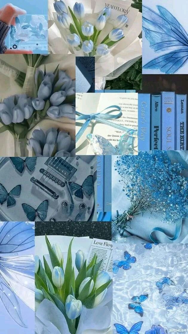 blue and white collage with flowers, butterflies, books and other things in it