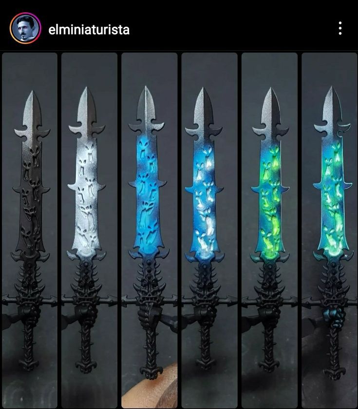 five different types of knifes with blue and green lights on them, all in various sizes