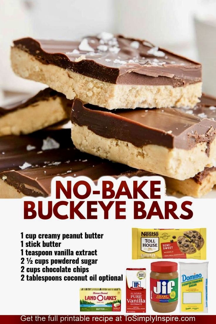 no bake buckeye bars are stacked on top of each other