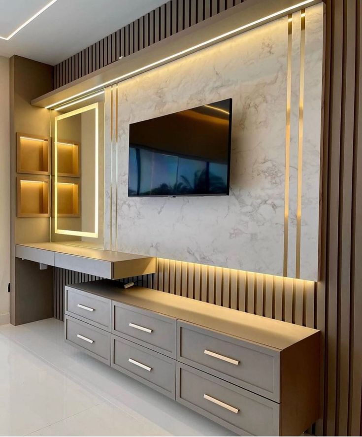 Vanity With Tv Unit, Modern Tv Unit Designs, Tv Unit Design Modern, Tv Cabinet Design, Modern Tv Units, Elegant Living Room Design, Tv Panel, Master Room, Tv In Bedroom