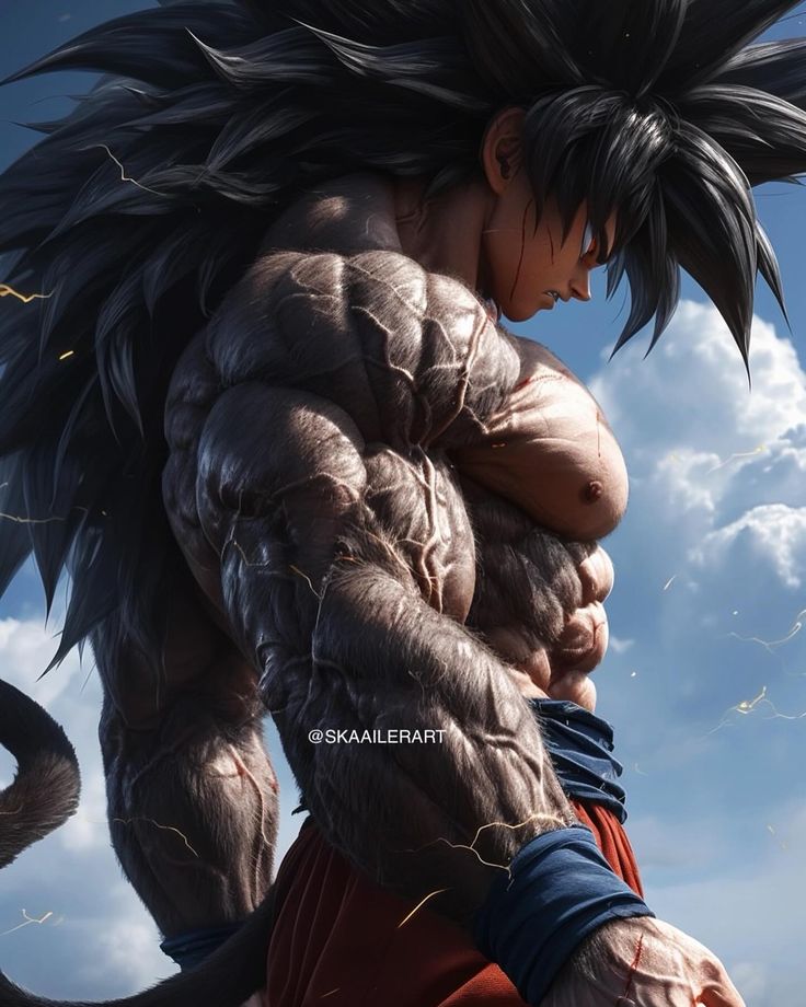 an anime character with large black hair standing in front of the sky