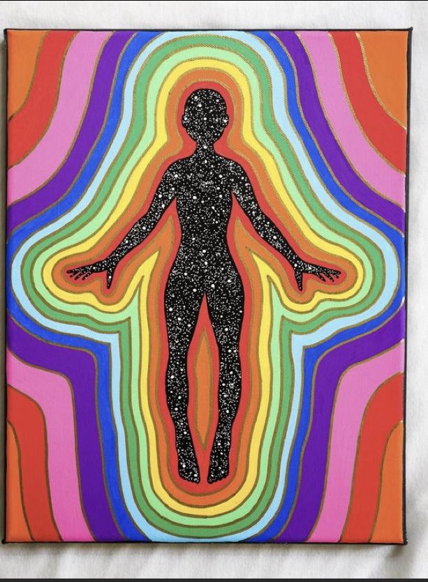 a painting with an image of a person standing in the middle of colorful swirls