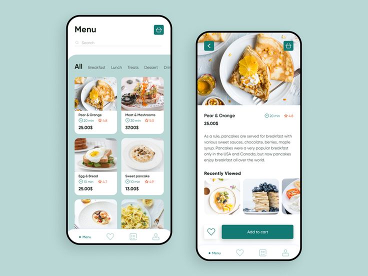 two iphone screens showing the menus and food items on them