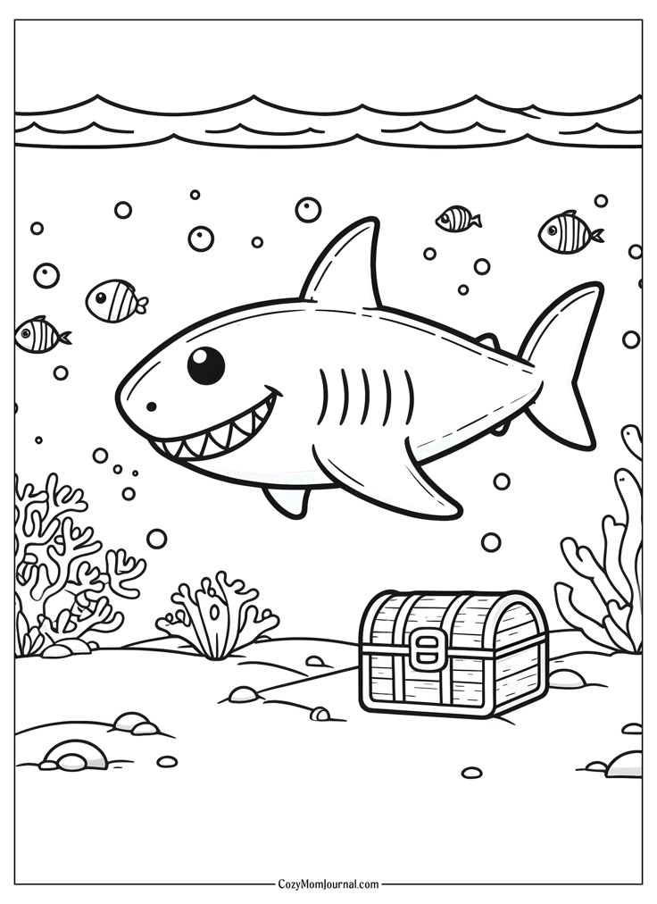 a shark swimming in the ocean with a chest full of sea animals coloring pages for kids