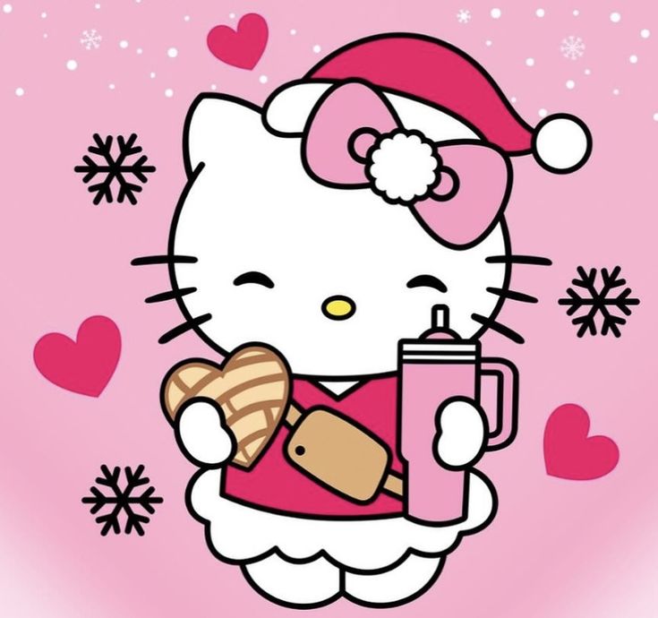 the hello kitty is holding a drink in her hand and wearing a santa claus hat