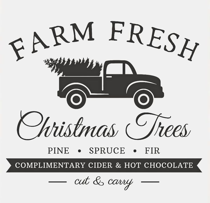 the farm fresh christmas trees logo is shown on a wooden background with an old truck carrying a tree