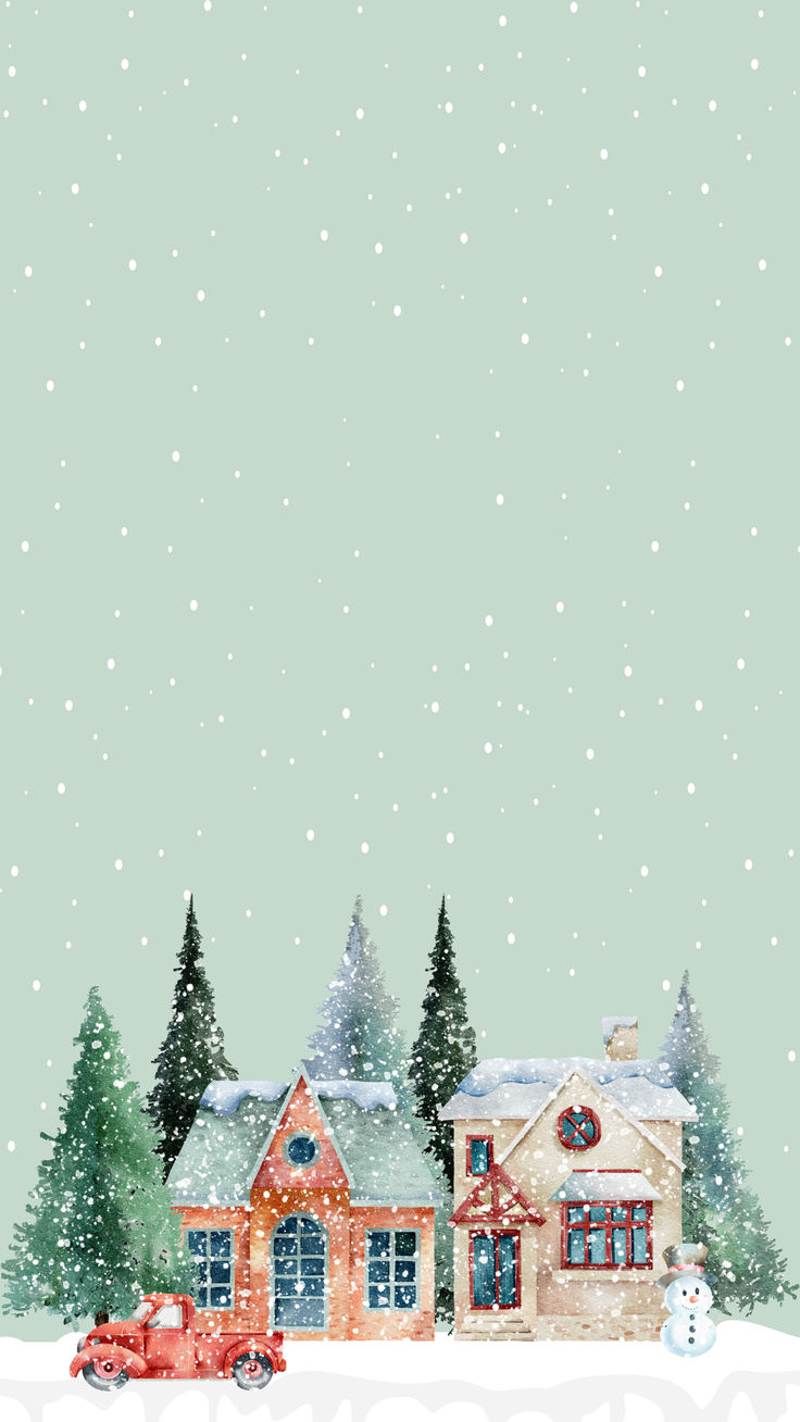 a christmas card with a house and trees in the snow