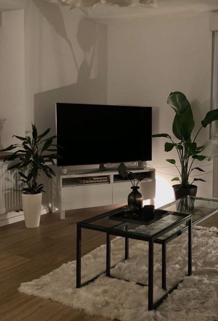 a living room filled with furniture and a flat screen tv on top of a wooden table