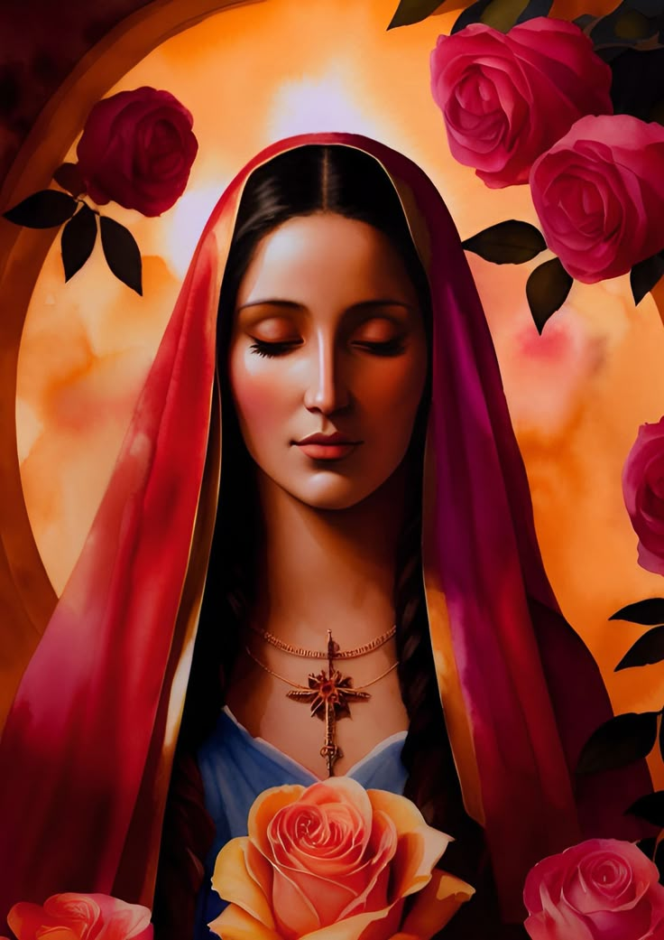 a painting of the virgin mary with roses around her neck and cross on her chest