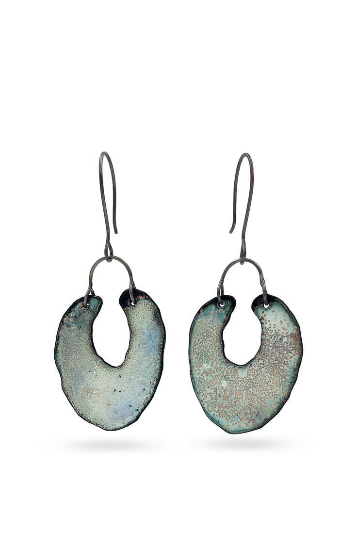 Enameled Earrings - Earrings inspired by the Eldfell Volcano in Iceland. Enameled copper in a variety of captivating colors and shades, some with sparkling cubic zirconia melted into the enamel.<br><br>2.67l, 0.75w. Oxidized sterling silver ear wires.<br><br>To store earrings, wrap in tissue to avoid scratching the enamel. Enamel Jewelry Making Tools, Metalwork Jewelry Ljbjewelry Metalsmith, Torch Fired Enamel Jewelry Tutorials, Modern Enamel Jewelry, Unique Enamel Earrings For Pierced Ears, Unique Enamel Pierced Earrings, Silver Electroformed Earrings, Silver Patina Drop Earrings, Silver Drop Earrings With Patina