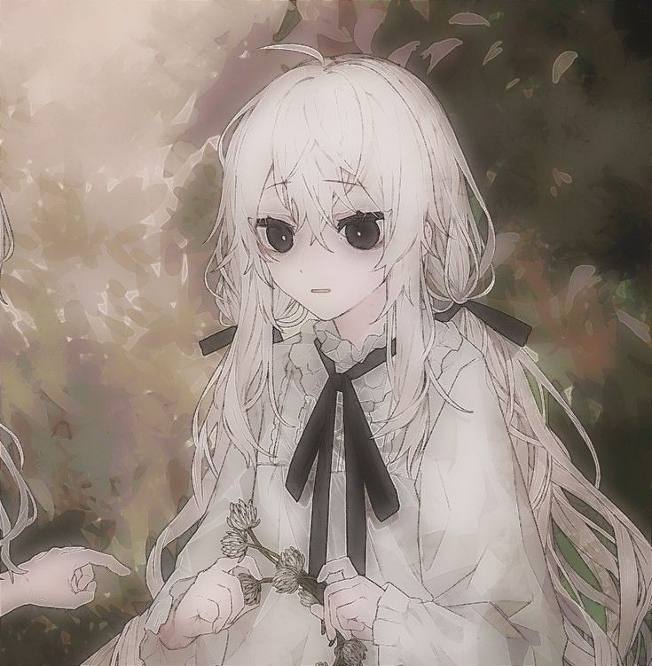 an anime character with long white hair and black eyes holding a flower in her hand