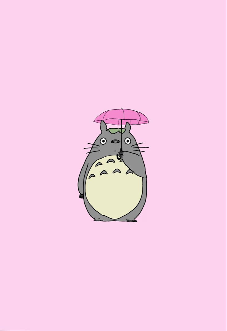 a totoro holding an umbrella in front of a pink background