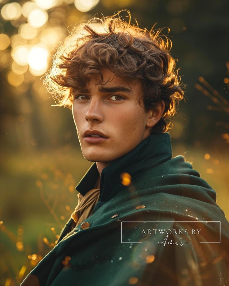 a young man with curly hair wearing a green coat and looking into the distance in front of trees