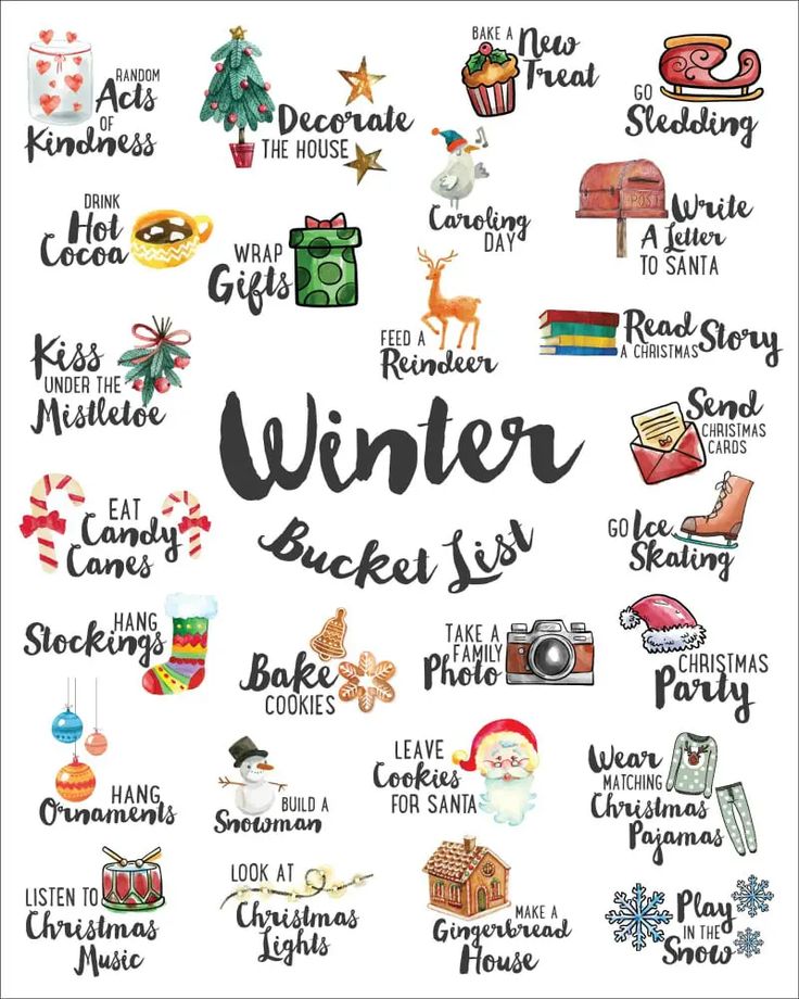 the words winter bucket list written in black ink on a white background with christmas icons