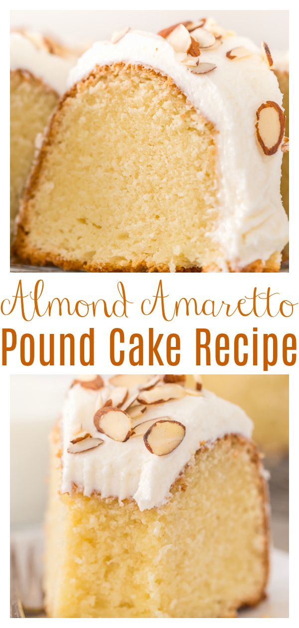 almond pound cake recipe with white frosting and sliced almonds on top, then topped with icing