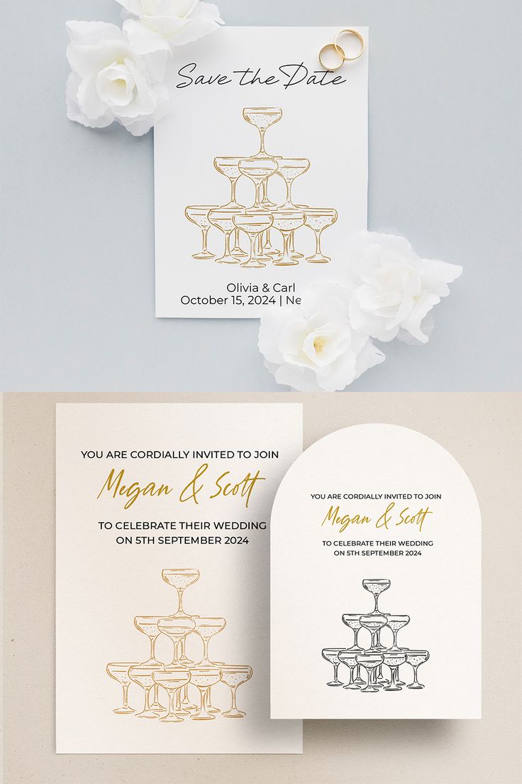 the wedding stationery is designed to look like it has been made with gold foil