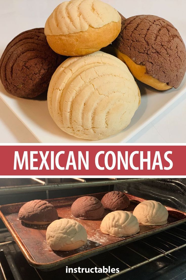 mexican conchas in the oven and then on the baking sheet with text overlay