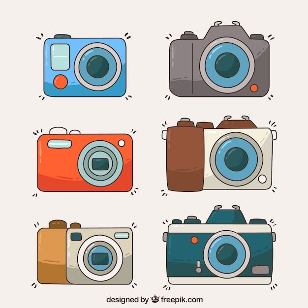 four different types of cameras on a white background with blue and orange ones in the middle