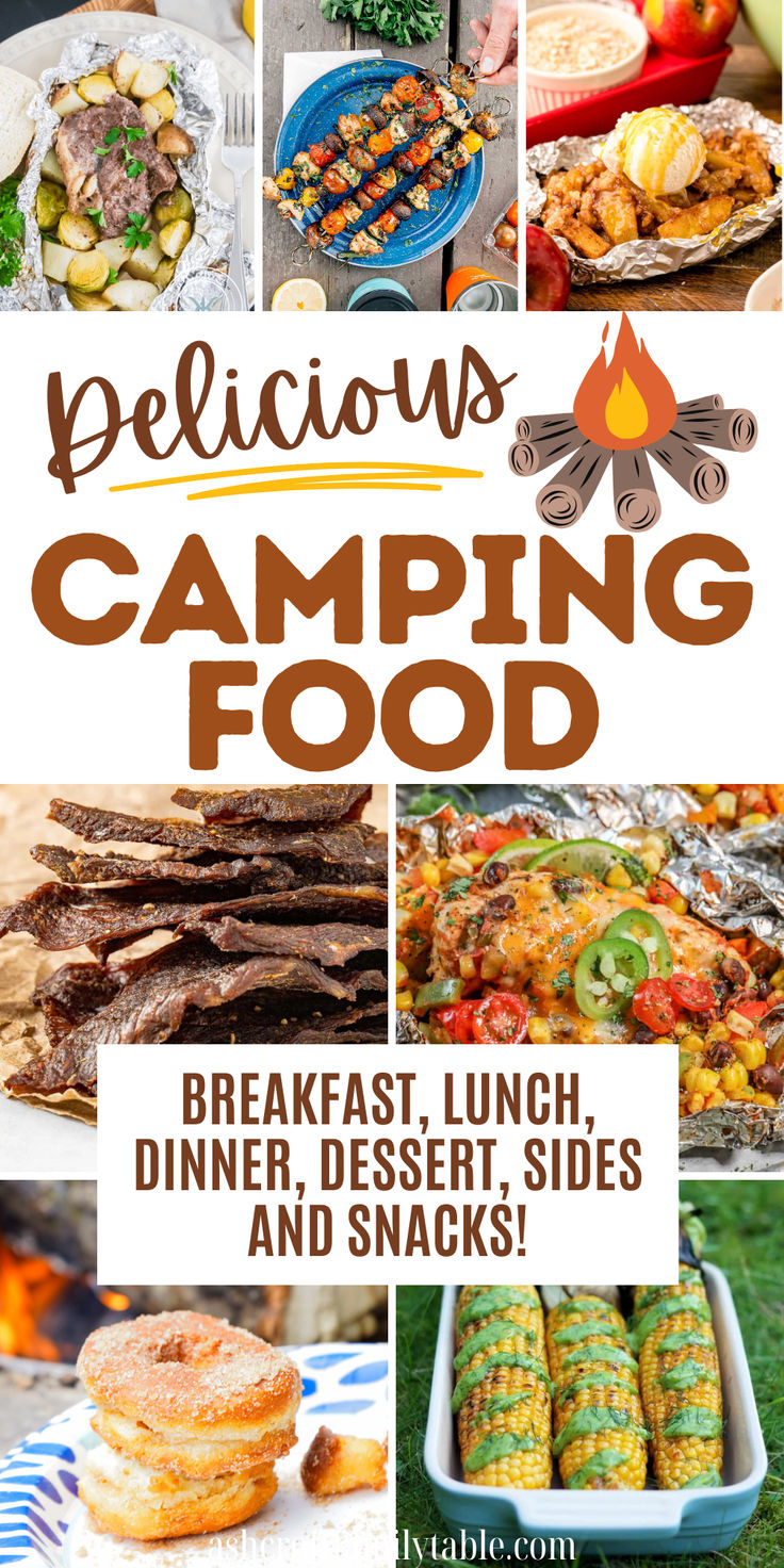 Collage of camping meals and camping food for outdoor cooking over the campfire, on the grill, and more. Easy Camp Out Meals, Make Ahead Camping Food Breakfast, Make Ahead Breakfast For Camping, Camping Meals For 2 People, Camping Grill Recipes, Delicious Camping Meals, Easy Fall Camping Meals, Blackstone Camping Meals Breakfast, Camp Meals For Two