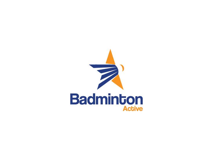 the logo for badminton active, which is designed to look like an airplane flying through the sky