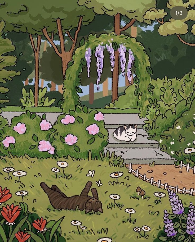 a cat laying on the ground in a garden with flowers and trees around it,