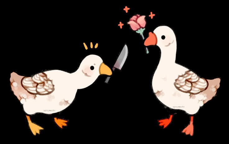 two ducks with a knife in their beaks, one pecking at the other