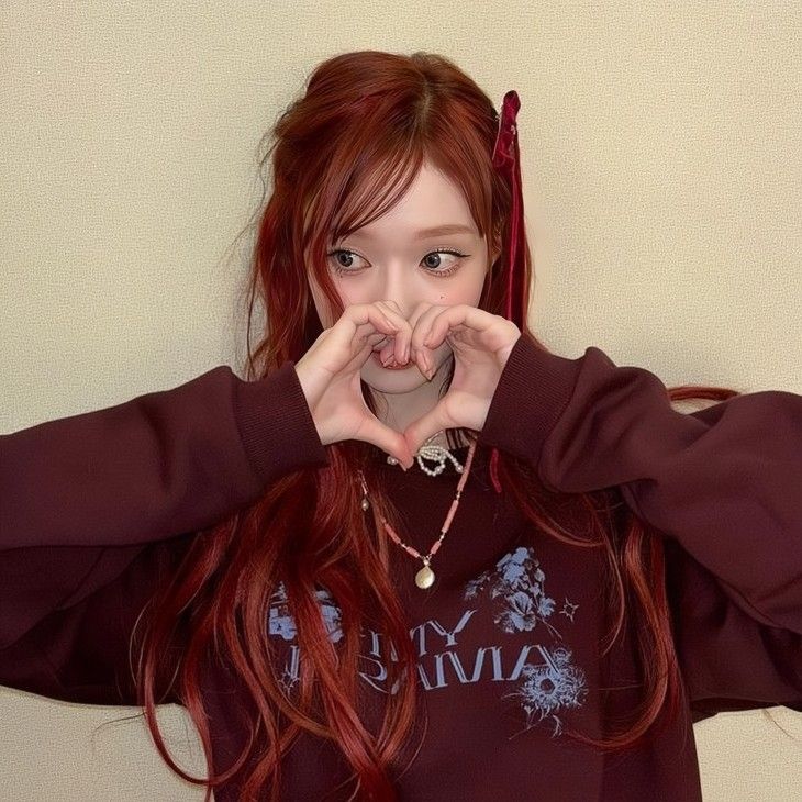 a girl with long red hair making a heart shape with her hands while standing against a wall