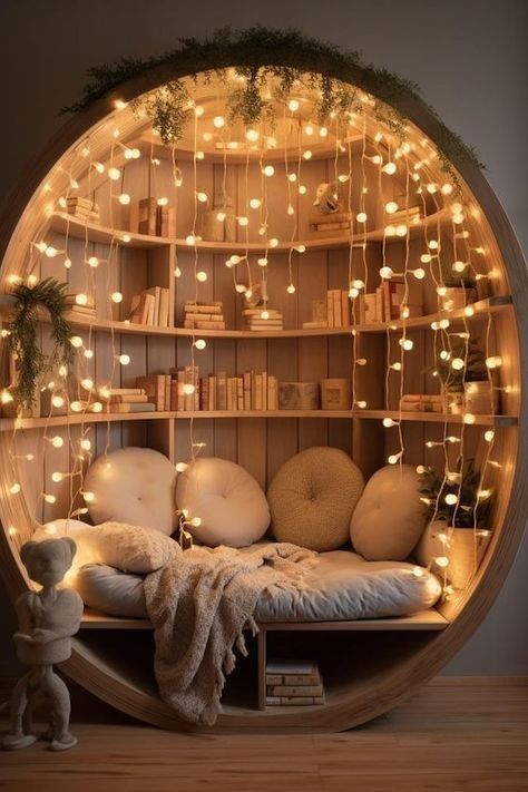 a circular bed with lots of lights on the headboard and bookshelf behind it